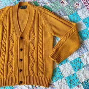 Vintage 60s Mustard Gold Chunky Cable Knit Cardigan Grandpa Sweater L XL